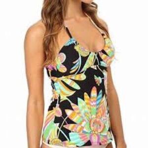 Trina Turk Tahitian Black Multicolor Floral Halter Tankini Top Sz 4